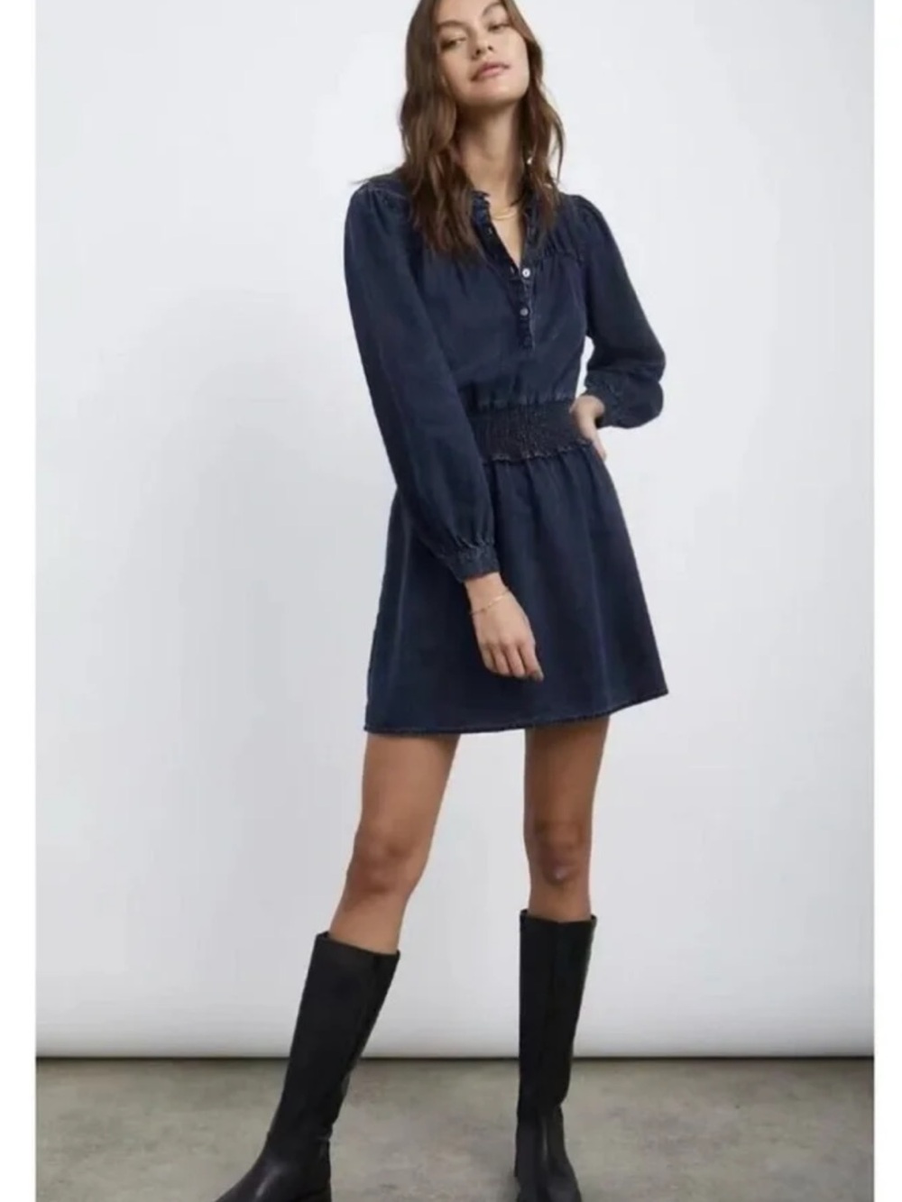 Rails Shawna Dark Vintage Tencel Denim Mini Dress XS Smocked Waist Ruffle Neck - Picture 2 of 11
